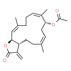 ChemSpider 2D Image | (3aR,6Z,9R,10Z,14Z,15aS)-6,10,14-Trimethyl-3-methylene-2-oxo-2,3,3a,4,5,8,9,12,13,15a-decahydrocyclotetradeca[b]furan-9-yl acetate | C22H30O4