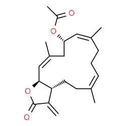 ChemSpider 2D Image | (3aR,6Z,10Z,12S,14Z,15aS)-6,10,14-Trimethyl-3-methylene-2-oxo-2,3,3a,4,5,8,9,12,13,15a-decahydrocyclotetradeca[b]furan-12-yl acetate | C22H30O4