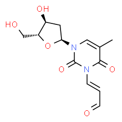 ChemSpider 2D Image | 1-(2-Deoxy-alpha-D-erythro-pentofuranosyl)-5-methyl-3-[(1E)-3-oxo-1-propen-1-yl]-2,4(1H,3H)-pyrimidinedione | C13H16N2O6