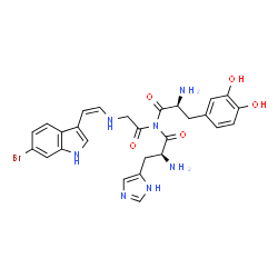 ChemSpider 2D Image | N-[(2S)-2-Amino-3-(3,4-dihydroxyphenyl)propanoyl]-N-({[(Z)-2-(6-bromo-1H-indol-3-yl)vinyl]amino}acetyl)-L-histidinamide | C27H28BrN7O5