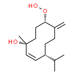 ChemSpider 2D Image | (1R,2Z,4R,8S)-8-Hydroperoxy-4-isopropyl-1-methyl-7-methylene-2-cyclodecen-1-ol | C15H26O3