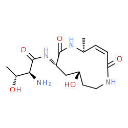 ChemSpider 2D Image | N-[(3Z,5S,8S,10S)-10-Hydroxy-5-methyl-2,7-dioxo-1,6-diazacyclododec-3-en-8-yl]-L-threoninamide | C15H26N4O5