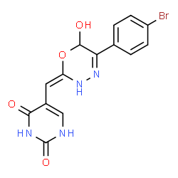 ChemSpider 2D Image | 5-{(E)-[5-(4-Bromophenyl)-6-hydroxy-3,6-dihydro-2H-1,3,4-oxadiazin-2-ylidene]methyl}-2,4(1H,3H)-pyrimidinedione | C14H11BrN4O4