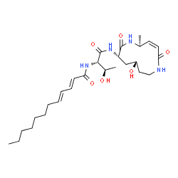 ChemSpider 2D Image | (2E,4E)-N-[(2S,3R)-3-Hydroxy-1-{[(3Z,5S,8S,10S)-10-hydroxy-5-methyl-2,7-dioxo-1,6-diazacyclododec-3-en-8-yl]amino}-1-oxo-2-butanyl]-2,4-dodecadienamide | C27H44N4O6