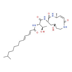 ChemSpider 2D Image | (2E,4E)-N-[(2S,3R)-3-Hydroxy-1-{[(3Z,5S,8S,10S)-10-hydroxy-5-methyl-2,7-dioxo-1,6-diazacyclododec-3-en-8-yl]amino}-1-oxo-2-butanyl]-11-methyl-2,4-dodecadienamide | C28H46N4O6