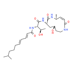 ChemSpider 2D Image | (2E,4E)-N-[(2S,3R)-3-Hydroxy-1-{[(3Z,5S,8S,10S)-10-hydroxy-5-methyl-2,7-dioxo-1,6-diazacyclododec-3-en-8-yl]amino}-1-oxo-2-butanyl]-9-methyl-2,4-decadienamide | C26H42N4O6