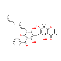 ChemSpider 2D Image | 4-{3-Benzoyl-5-[(2E)-3,7-dimethyl-2,6-octadien-1-yl]-2,4,6-trihydroxybenzyl}-3,5-dihydroxy-2-isobutyryl-6,6-dimethyl-2,4-cyclohexadien-1-one | C36H42O8