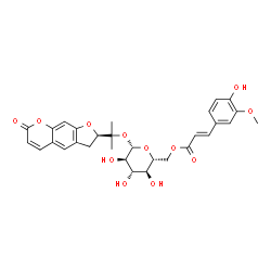 ChemSpider 2D Image | 2-[(2R)-7-Oxo-2,3-dihydro-7H-furo[3,2-g]chromen-2-yl]-2-propanyl 6-O-[(2E)-3-(4-hydroxy-3-methoxyphenyl)-2-propenoyl]-beta-D-glucopyranoside | C30H32O12