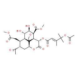 ChemSpider 2D Image | Methyl (2R,3S,6S,8S,9S,10R,11S,12R,13S)-3-{[(2E)-4-acetoxy-3,4-dimethyl-2-pentenoyl]oxy}-8-acetyl-11,12-dihydroxy-9-(2-methoxy-2-oxoethyl)-4-oxo-5,14-dioxatetracyclo[8.5.0.0~1,6~.0~2,13~]pentadecane-1
3-carboxylate | C29H38O14