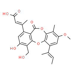 ChemSpider 2D Image | (2E)-3-{6-[(2E)-2-Buten-2-yl]-3-hydroxy-4-(hydroxymethyl)-8-methoxy-9-methyl-11-oxo-11H-dibenzo[b,e][1,4]dioxepin-1-yl}-2-butenoic acid | C24H24O8