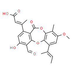 ChemSpider 2D Image | (2E)-3-{6-[(2E)-2-Buten-2-yl]-4-formyl-3-hydroxy-8-methoxy-9-methyl-11-oxo-11H-dibenzo[b,e][1,4]dioxepin-1-yl}-2-butenoic acid | C24H22O8
