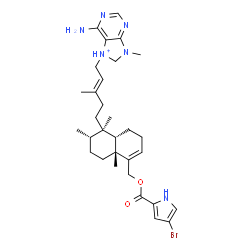 ChemSpider 2D Image | 6-Amino-7-{(2E)-5-[(1R,2S,4aR,8aS)-5-({[(4-bromo-1H-pyrrol-2-yl)carbonyl]oxy}methyl)-1,2,4a-trimethyl-1,2,3,4,4a,7,8,8a-octahydro-1-naphthalenyl]-3-methyl-2-penten-1-yl}-9-methyl-8,9-dihydro-7H-purin-
7-ium | C31H44BrN6O2