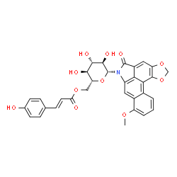 ChemSpider 2D Image | 6-{6-O-[(2E)-3-(4-Hydroxyphenyl)-2-propenoyl]-beta-D-glucopyranosyl}-8-methoxy[1,3]benzodioxolo[6,5,4-cd]benzo[f]indol-5(6H)-one | C32H27NO11