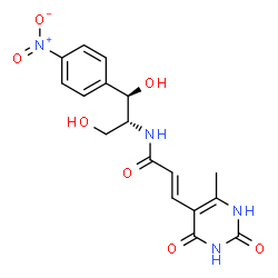 ChemSpider 2D Image | (2E)-N-[(1R,2R)-1,3-Dihydroxy-1-(4-nitrophenyl)-2-propanyl]-3-(6-methyl-2,4-dioxo-1,2,3,4-tetrahydro-5-pyrimidinyl)acrylamide | C17H18N4O7