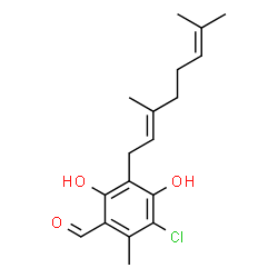 ChemSpider 2D Image | 3-Chloro-5-[(2E)-3,7-dimethyl-2,6-octadien-1-yl]-4,6-dihydroxy-2-methylbenzaldehyde | C18H23ClO3
