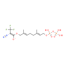 ChemSpider 2D Image | (1E)-2-Diazonio-3,3,3-trifluoro-1-{[(2E,6E)-8-{[hydroxy(phosphonooxy)phosphoryl]oxy}-2,6-dimethyl-2,6-octadien-1-yl]oxy}-1-propen-1-olate | C13H19F3N2O9P2