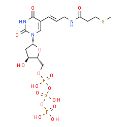 ChemSpider 2D Image | 2'-Deoxy-5-[(1E)-3-{[3-(methylsulfanyl)propanoyl]amino}-1-propen-1-yl]uridine 5'-(tetrahydrogen triphosphate) | C16H26N3O15P3S