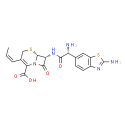 ChemSpider 2D Image | (6R,7R)-7-{[(2R)-2-Amino-2-(2-amino-1,3-benzothiazol-6-yl)acetyl]amino}-8-oxo-3-[(1Z)-1-propen-1-yl]-5-thia-1-azabicyclo[4.2.0]oct-2-ene-2-carboxylic acid | C19H19N5O4S2