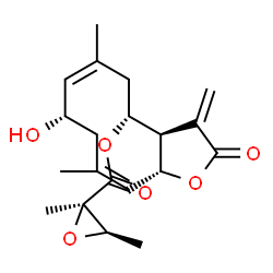 ChemSpider 2D Image | (3aR,4R,6Z,8S,10Z,11aR)-8-Hydroxy-6,10-dimethyl-3-methylene-2-oxo-2,3,3a,4,5,8,9,11a-octahydrocyclodeca[b]furan-4-yl (2R,3R)-2,3-dimethyl-2-oxiranecarboxylate | C20H26O6