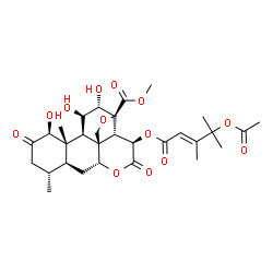 ChemSpider 2D Image | Methyl (1beta,11beta,12alpha,13beta,15beta)-15-{[(2E)-4-acetoxy-3,4-dimethyl-2-pentenoyl]oxy}-1,11,12-trihydroxy-2,16-dioxo-13,20-epoxypicrasan-21-oate | C30H40O13