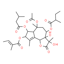 ChemSpider 2D Image | 6-Acetoxy-3,3a-dihydroxy-3,6,9-trimethyl-4-[(2-methylbutanoyl)oxy]-7-[(3-methylbutanoyl)oxy]-2-oxo-2,3,3a,4,5,6,6a,7,8,9b-decahydroazuleno[4,5-b]furan-8-yl (2E)-2-methyl-2-butenoate | C32H46O12
