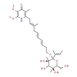 ChemSpider 2D Image | 2-[(2E,5E,7E)-10-{[(2R,3R,4S,5S,6R)-2-[(2E)-2-Buten-2-yl]-3,4,5-trihydroxy-6-(hydroxymethyl)-3,5-dimethyltetrahydro-2H-pyran-2-yl]oxy}-3-methyl-2,5,7-decatrien-1-yl]-5,6-dimethoxy-3-methyl-4(1H)-pyrid
inone | C31H47NO9