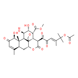 ChemSpider 2D Image | Methyl (1beta,8xi,11beta,12alpha,15beta)-15-[(3E)-5-acetoxy-4,5-dimethyl-2-oxo-3-hexenoyl]-1,11,12-trihydroxy-2,16-dioxo-13,20-epoxypicras-3-en-21-oate | C31H38O13