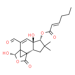 ChemSpider 2D Image | (2R,5R,6R,10S)-8-Formyl-6,10-dihydroxy-4,4-dimethyl-12-oxo-11-oxatetracyclo[7.3.1.0~1,9~.0~2,6~]tridec-7-en-5-yl (2E)-2-hexenoate | C21H26O7