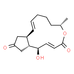 ChemSpider 2D Image | (1R,2E,6S,10E,11aS,14aR)-1-Hydroxy-6-methyl-6,7,8,9,11a,12,14,14a-octahydro-4H-cyclopenta[f]oxacyclotridecine-4,13(1H)-dione | C16H22O4