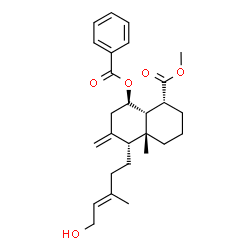 ChemSpider 2D Image | Methyl (1R,4aR,5R,8R,8aR)-8-(benzoyloxy)-5-[(3E)-5-hydroxy-3-methyl-3-penten-1-yl]-4a-methyl-6-methylenedecahydro-1-naphthalenecarboxylate | C27H36O5