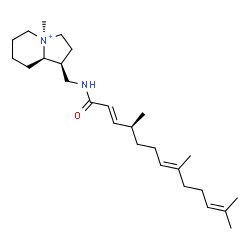 ChemSpider 2D Image | (1S,4S,8aR)-4-Methyl-1-({[(2E,4S,7E)-4,8,12-trimethyl-2,7,11-tridecatrienoyl]amino}methyl)octahydroindolizinium | C26H45N2O