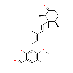 ChemSpider 2D Image | 3-Chloro-6-hydroxy-4-methoxy-2-methyl-5-{(2E,4E)-3-methyl-5-[(1R,2R,6R)-1,2,6-trimethyl-3-oxocyclohexyl]-2,4-pentadien-1-yl}benzaldehyde | C24H31ClO4