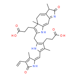 ChemSpider 2D Image | 3-(2-{[3-(2-Carboxyethyl)-3a,6-dimethyl-7-oxo-3a,4,6,7-tetrahydro-1H-pyrrolo[3',2':5,6]cyclohepta[1,2-b]pyrrol-2-yl]methyl}-4-methyl-5-[(E)-(3-methyl-5-oxo-4-vinyl-1,5-dihydro-2H-pyrrol-2-ylidene)meth
yl]-1H-pyrrol-3-yl)propanoic acid | C33H36N4O6