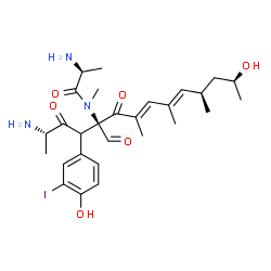 ChemSpider 2D Image | N-[(2S,5R,7E,9E,11R,13S)-2-Amino-5-formyl-13-hydroxy-4-(4-hydroxy-3-iodophenyl)-7,9,11-trimethyl-3,6-dioxo-7,9-tetradecadien-5-yl]-N-methyl-L-alaninamide | C28H40IN3O6