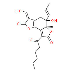ChemSpider 2D Image | (3Z,5S,5aR)-8-Hexanoyl-5-hydroxy-3-(hydroxymethylene)-5a-methyl-5-[(1E)-1-propen-1-yl]-5,5a-dihydrofuro[2,3-e][1]benzofuran-2,7(3H,4H)-dione | C21H24O7