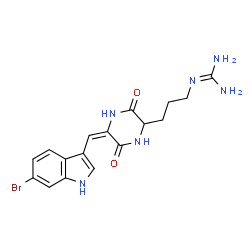 ChemSpider 2D Image | 2-(3-{(5E)-5-[(6-Bromo-1H-indol-3-yl)methylene]-3,6-dioxo-2-piperazinyl}propyl)guanidine | C17H19BrN6O2