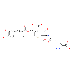 ChemSpider 2D Image | (6R,7S)-7-{[(5R)-5-Amino-5-carboxypentanoyl]amino}-3-({[(2Z)-3-(3,4-dihydroxyphenyl)-2-methoxy-2-propenoyl]oxy}methyl)-7-methoxy-8-oxo-5-thia-1-azabicyclo[4.2.0]oct-2-ene-2-carboxylic acid | C25H29N3O12S