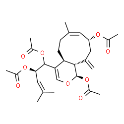 ChemSpider 2D Image | (1R,4aS,7Z,9R,11aR)-4-[(2R)-1,2-Diacetoxy-4-methyl-3-penten-1-yl]-7-methyl-11-methylene-1,4a,5,6,9,10,11,11a-octahydrocyclonona[c]pyran-1,9-diyl diacetate | C28H38O9