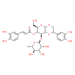 ChemSpider 2D Image | (6R,7R,8S)-2-(3,4-Dihydroxyphenyl)-6-(hydroxymethyl)-8-{[(2S,3R,4R,5R,6S)-3,4,5-trihydroxy-6-methyltetrahydro-2H-pyran-2-yl]oxy}hexahydro-4aH-pyrano[2,3-b][1,4]dioxin-7-yl (2E)-3-(3,4-dihydroxyphenyl)
acrylate | C29H34O15