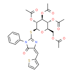 ChemSpider 2D Image | (4E)-5-Oxo-1-phenyl-4-(2-thienylmethylene)-4,5-dihydro-1H-imidazol-2-yl 2,3,4,6-tetra-O-acetyl-1-thio-beta-D-glucopyranoside | C28H28N2O10S2
