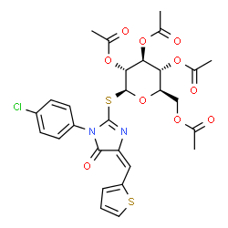 ChemSpider 2D Image | (4E)-1-(4-Chlorophenyl)-5-oxo-4-(2-thienylmethylene)-4,5-dihydro-1H-imidazol-2-yl 2,3,4,6-tetra-O-acetyl-1-thio-beta-D-glucopyranoside | C28H27ClN2O10S2