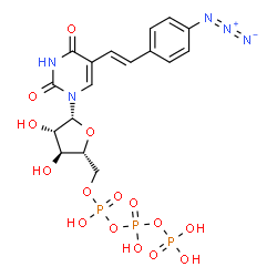 ChemSpider 2D Image | 5-[(E)-2-(4-Azidophenyl)vinyl]-1-[5-O-(hydroxy{[hydroxy(phosphonooxy)phosphoryl]oxy}phosphoryl)-beta-D-arabinofuranosyl]-2,4(1H,3H)-pyrimidinedione | C17H20N5O15P3