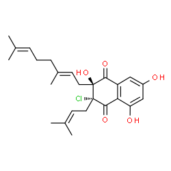 ChemSpider 2D Image | (2S,3R)-3-Chloro-2-[(2E)-3,7-dimethyl-2,6-octadien-1-yl]-2,3-dihydro-2,5,7-trihydroxy-3-(3-methyl-2-buten-1-yl)-1,4-naphthalenedione | C25H31ClO5