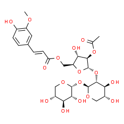 ChemSpider 2D Image | 2-O-Acetyl-5-O-[(2E)-3-(4-hydroxy-3-methoxyphenyl)-2-propenoyl]-alpha-L-arabinofuranosyl-(1->2)-beta-D-xylopyranosyl alpha-D-xylopyranoside | C27H36O17