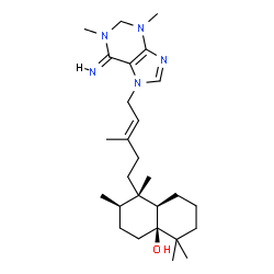 ChemSpider 2D Image | (1S,2R,4aS,8aR)-1-{(3E)-5-[(6Z)-6-Imino-1,3-dimethyl-1,2,3,6-tetrahydro-7H-purin-7-yl]-3-methyl-3-penten-1-yl}-1,2,5,5-tetramethyloctahydro-4a(2H)-naphthalenol | C27H45N5O