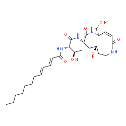 ChemSpider 2D Image | (2E,4E)-N-[(2S,3R)-3-Hydroxy-1-{[(3Z,5R,8S,10S)-10-hydroxy-5-(hydroxymethyl)-2,7-dioxo-1,6-diazacyclododec-3-en-8-yl]amino}-1-oxo-2-butanyl]-2,4-dodecadienamide | C27H44N4O7