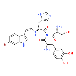 ChemSpider 2D Image | N-[(2S)-2-Amino-3-(3,4-dihydroxyphenyl)propanoyl]-N-[(2S,3R)-2-amino-3-hydroxybutanoyl]-Nalpha-[(Z)-2-(6-bromo-1H-indol-3-yl)vinyl]-L-histidinamide | C29H32BrN7O6