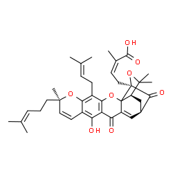ChemSpider 2D Image | (2Z)-4-[(1R,8R,17R,19R)-12-Hydroxy-8,21,21-trimethyl-5-(3-methyl-2-buten-1-yl)-8-(4-methyl-3-penten-1-yl)-14,18-dioxo-3,7,20-trioxahexacyclo[15.4.1.0~2,15~.0~2,19~.0~4,13~.0~6,11~]docosa-4(13),5,9,11,
15-pentaen-19-yl]-2-methyl-2-butenoic acid | C38H44O8