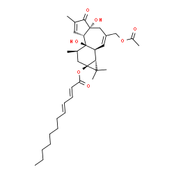 ChemSpider 2D Image | (1aR,1bS,4aR,7aS,7bR,8R,9aS)-3-(Acetoxymethyl)-4a,7b-dihydroxy-1,1,6,8-tetramethyl-5-oxo-1,1a,1b,4,4a,5,7a,7b,8,9-decahydro-9aH-cyclopropa[3,4]benzo[1,2-e]azulen-9a-yl (2E,4E)-2,4-dodecadienoate | C34H48O7