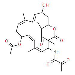 ChemSpider 2D Image | (3Z,5Z,9Z,11E)-13-Hydroxy-1,4,10,19-tetramethyl-17,18-dioxo-2-(pyruvoylamino)-16-oxabicyclo[13.2.2]nonadeca-3,5,9,11-tetraen-7-yl acetate | C27H35NO8